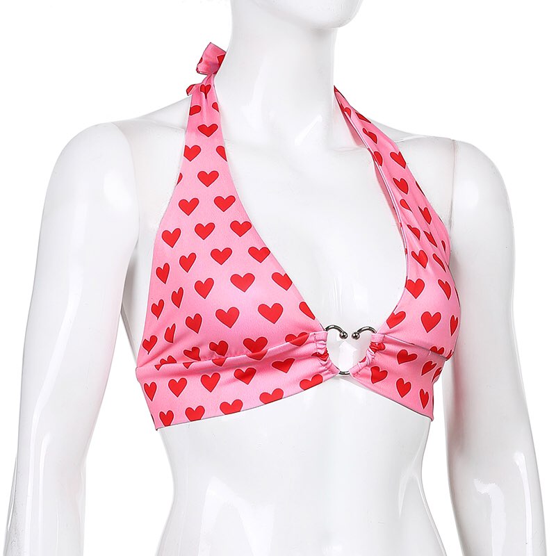 Cute Pink Heart Print Halter Bustier Crop Top Sleeveless Backless Lace Up Bralette Summer Casual E-Girl Kawaii Korean Japanese Harajuku Streetwear