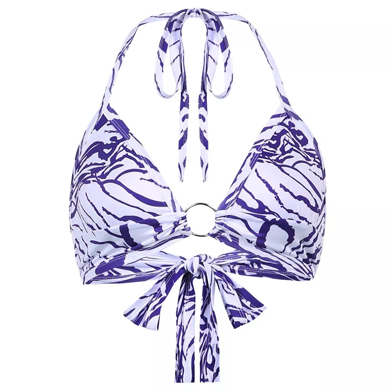 Cute Sexy Tie Dye V-Neck Lace Up Halter Backless Beach Crop Top Summer Aesthetic Casual E-Girl Kawaii Korean Japanese Harajuku
