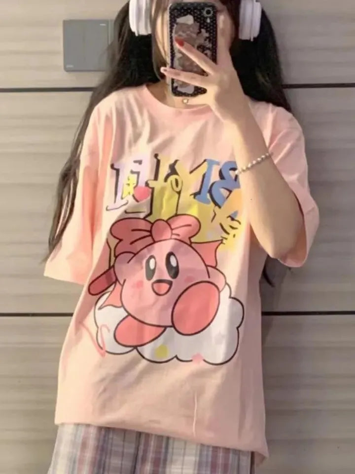 Pink Anime Cartoon Print Short Sleeve T-shirt