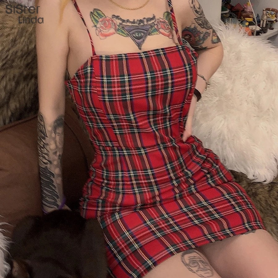 Cute Sexy Red Plaid Checkered Mini Dress Party Bodycon E-Girl Kawaii Korean Japanese Harajuku Chinese Retro Streetwear Aesthetic
