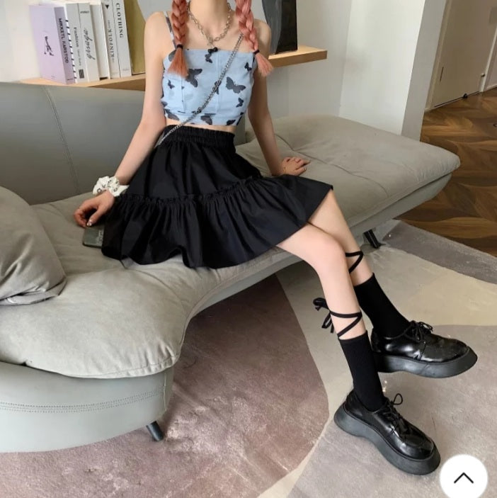 Cute White Ruffles Patchwork High Waist Mini Skirt Fairycore Pleated Preppy Aesthetic Casual Summer E-Girl Kawaii Korean Japanese Harajuku