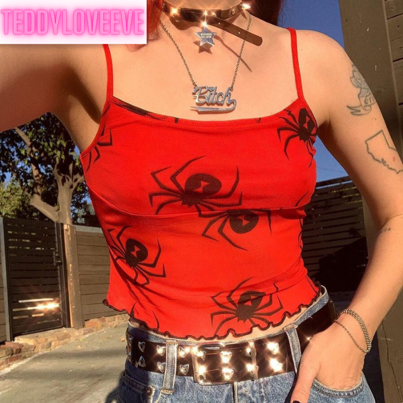 Cute Spider Skull Mesh Transparent See Through Camisole Tank Crop Top Sleeveless Goth Punk Casual E-Girl Kawaii Korean Japanese Harajuku Streetwear