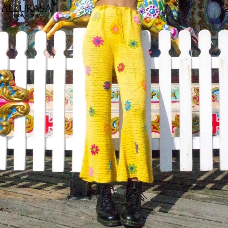 Cute Flower Knit Crochet Net Sheer Wide Leg Pants Long Boho Trousers Aesthetic Casual Summer E-Girl Kawaii Korean Japanese Harajuku