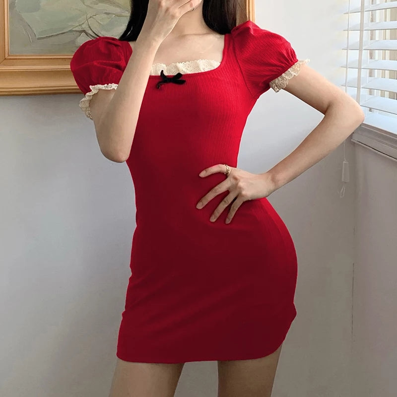 Cute Summer Square Neck Lace Patchwork Elegant Bodycon Short Sleeve Mini Dress Aesthetic Casual E-Girl Kawaii Korean Japanese Harajuku