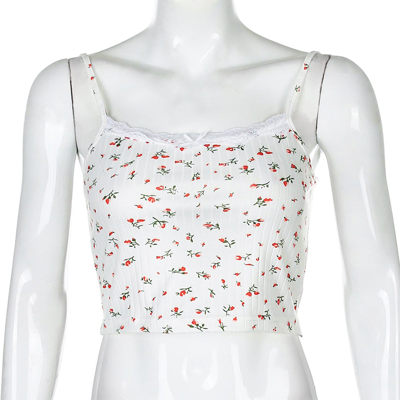 Cute Floral Print Lace Spaghetti Strap Camisole Crop Top Shirt Tee T-shirt E-Girl Kawaii Korean Japanese Harajuku Chinese Retro Streetwear Aesthetic