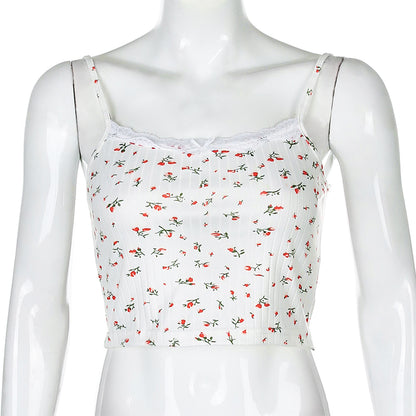 Cute Floral Print Lace Spaghetti Strap Camisole Crop Top Shirt Tee T-shirt E-Girl Kawaii Korean Japanese Harajuku Chinese Retro Streetwear Aesthetic