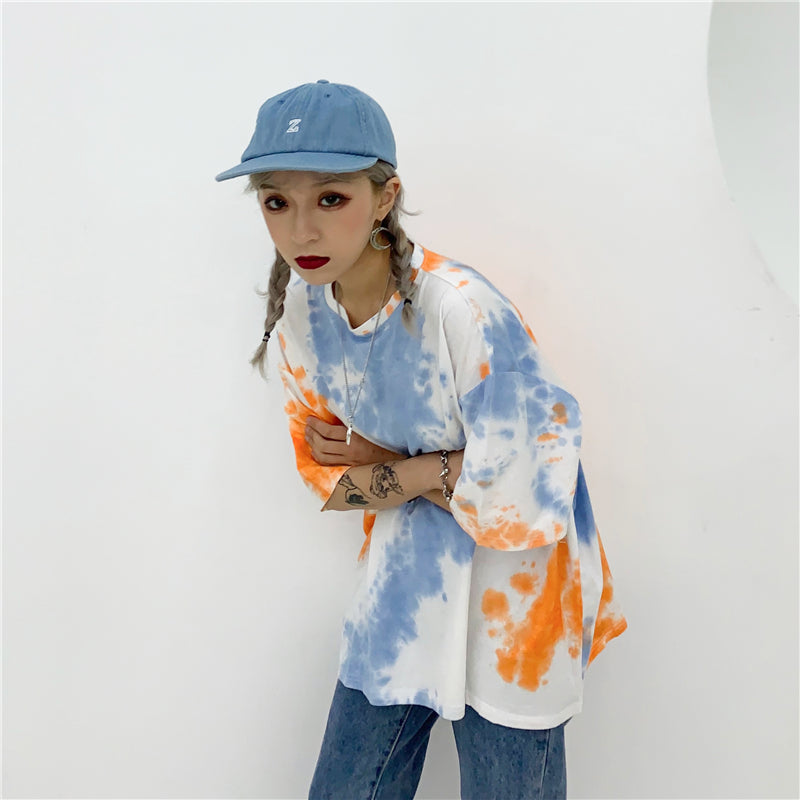 Cute Tie Dyed Hip Hop Casual Punk Goth Loose Oversized Short Sleeve Shirt Tee T-shirt E-Girl Kawaii Korean Japanese Harajuku Chinese Retro Streetwear