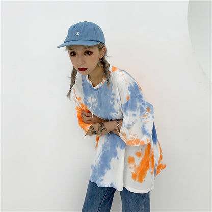 Cute Tie Dyed Hip Hop Casual Punk Goth Loose Oversized Short Sleeve Shirt Tee T-shirt E-Girl Kawaii Korean Japanese Harajuku Chinese Retro Streetwear