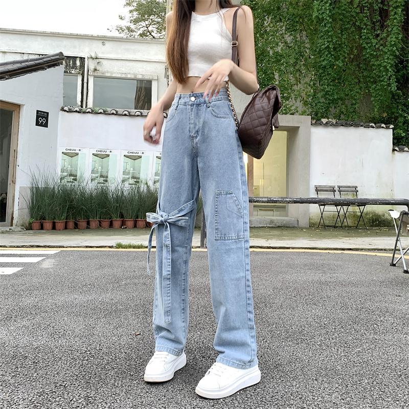 Bow High Waist Straight Leg Jeans
