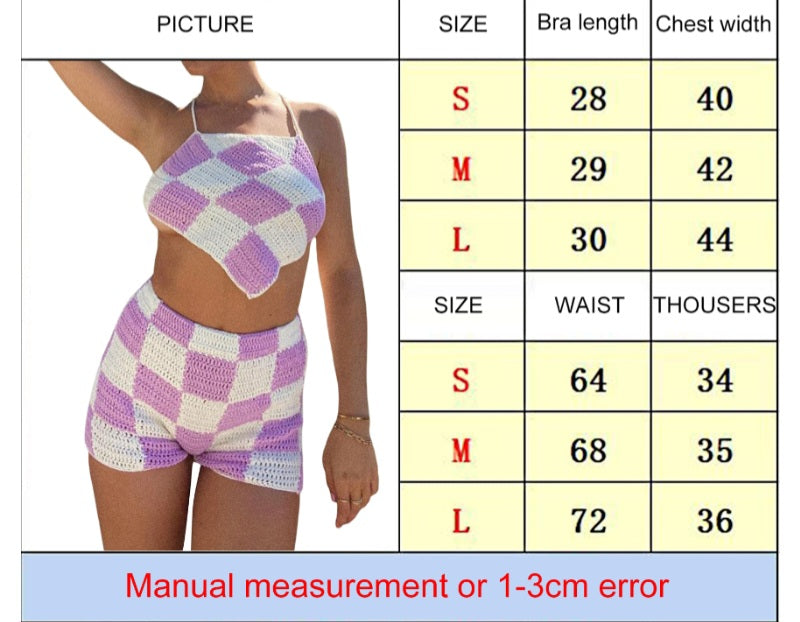 2PCS Purple Plaid Knit Halter Top + Shorts