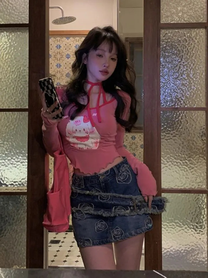 Pink Dog Graphic Print Frill Long Sleeve Shirt