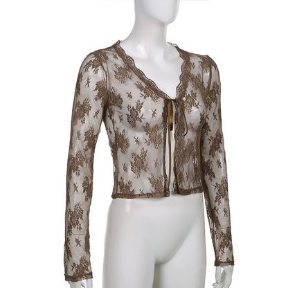 Brown Lace Mesh Tie Up Cardigan