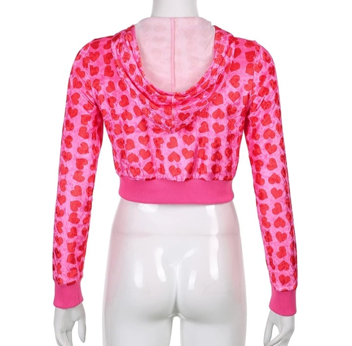 Cute Pink Heart Print Velvet Tracksuit Set Long Sleeve Cropped Hoodie + Sweatpants Aesthetic Casual Summer E-Girl Kawaii Korean Japanese Harajuku