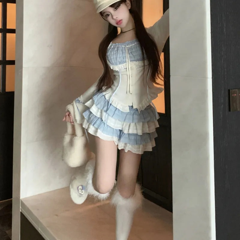 2PCS Blue Japanese Blouse + Vintage Mini Skirt