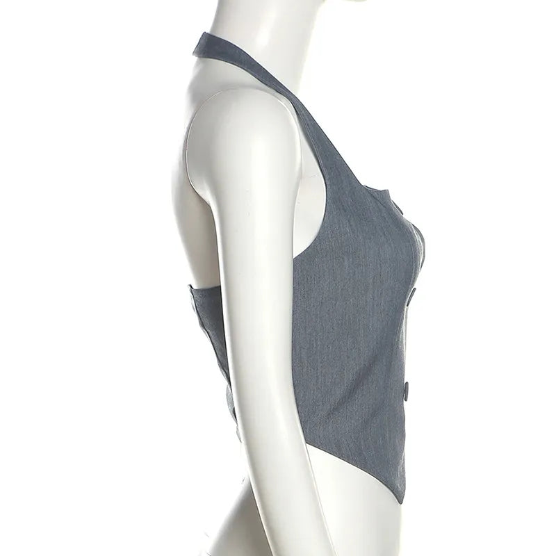 Grey Halter Button Down Vest Top