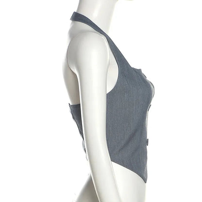 Grey Halter Button Down Vest Top