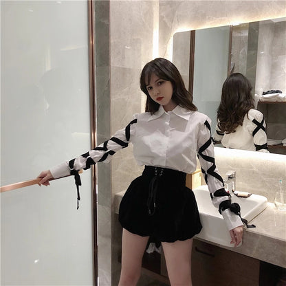 Cute White Shirt Black Bandage Ribbon Tie Up Turn Down Collar Long Sleeve Shirt Blouse Aesthetic Casual E-Girl Kawaii Korean Japanese Harajuku