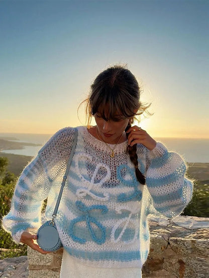 Blue & White Knit Hollow Out Sweater