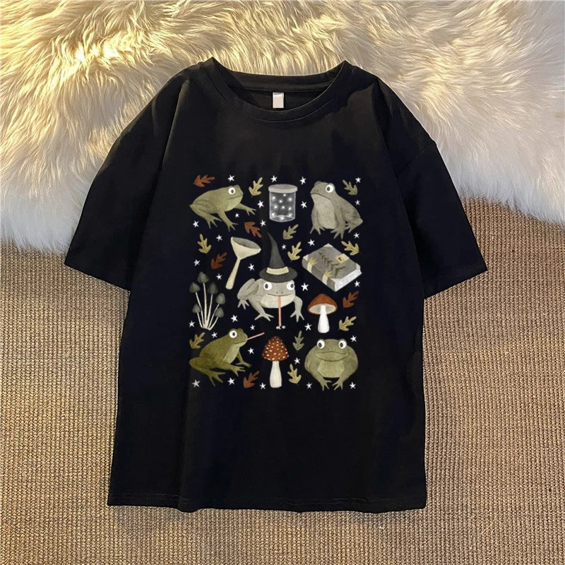 Cute Frog Magic Mushroom Witchcraft Print Short Sleeve T- Shirt Top Aesthetic Casual Summer E-Girl Kawaii Korean Japanese Harajuku