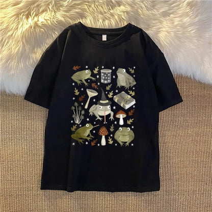 Cute Frog Magic Mushroom Witchcraft Print Short Sleeve T- Shirt Top Aesthetic Casual Summer E-Girl Kawaii Korean Japanese Harajuku