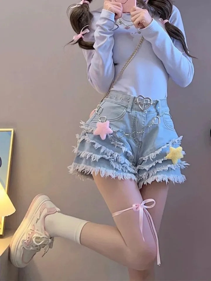 Blue Denim Ruffle Star High Waist Shorts