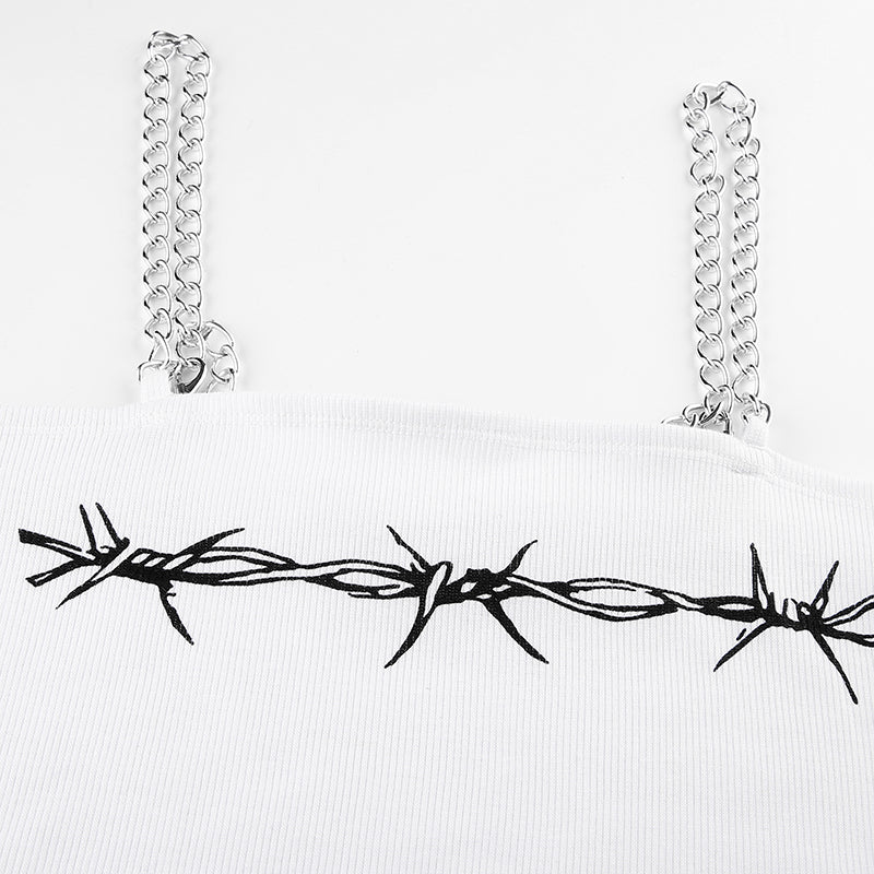 Sexy Barb Wire Print Sleeveless Shirt Crop Top Tank Camisole Metal Chain Strap Casual Punk Summer E-Girl Kawaii Korean Japanese Harajuku Streetwear