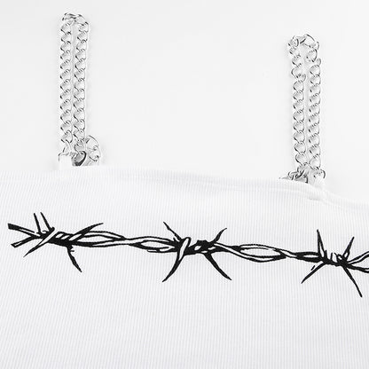 Sexy Barb Wire Print Sleeveless Shirt Crop Top Tank Camisole Metal Chain Strap Casual Punk Summer E-Girl Kawaii Korean Japanese Harajuku Streetwear