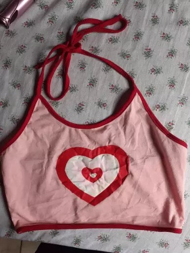 Pink Love Heart Print Halter Backless Spaghetti Strap Camisole Crop Top Summer Aesthetic Casual E-Girl Kawaii Korean Japanese Harajuku