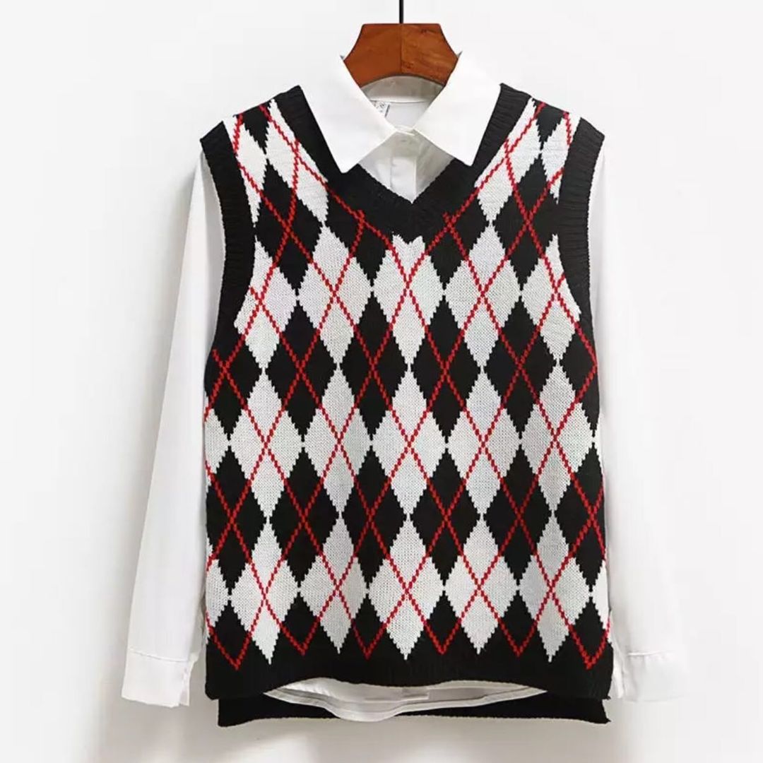 Cute Argyle V Neck Sleeveless Vest Knit Sweater Pullover Jumper Tank Top Autumn Aesthetic E-Girl Kawaii Korean Japanese Harajuku Streetwear