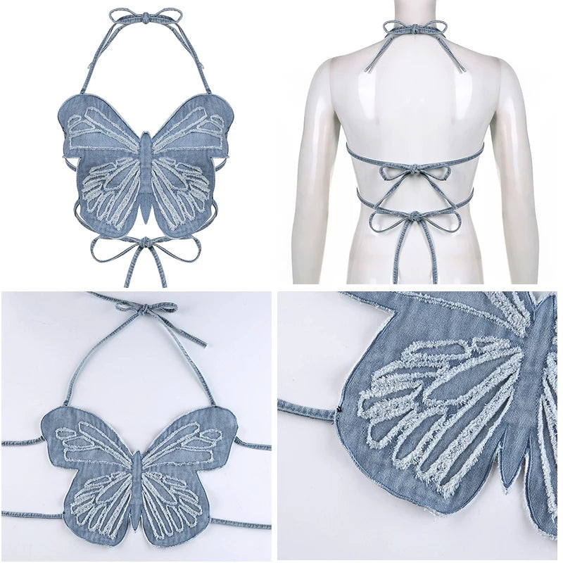 Cute Sexy Butterfly Denim Backless Crop Top Sleeveless Shirt Party Beach Summer Aesthetic Casual E-Girl Kawaii Korean Japanese Harajuku