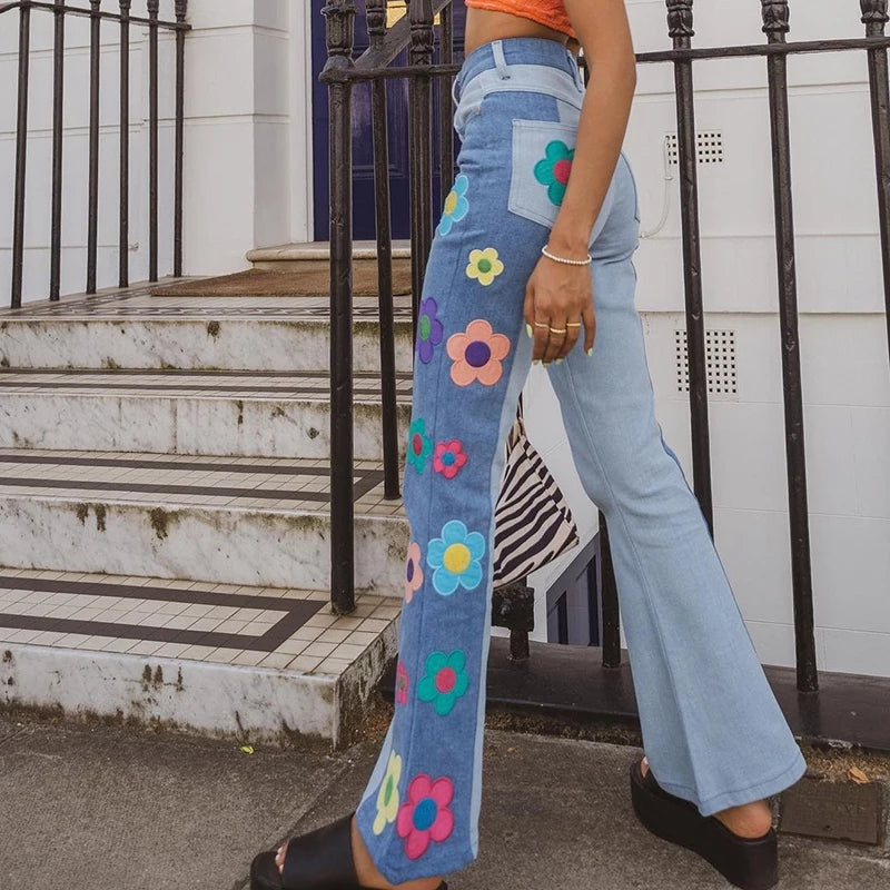 Cute Vintage Flower Patchwork High Waisted Denim Jean Trouser Pants Indie Punk Aesthetic Casual Summer E-Girl Kawaii Korean Japanese Harajuku