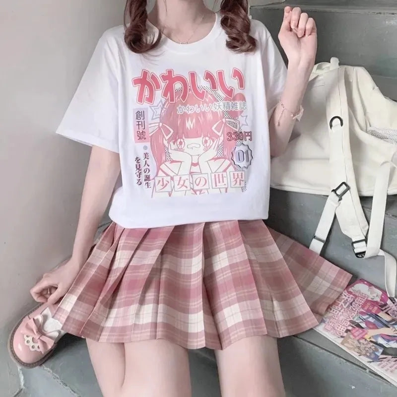 Pink 2D Anime Girl Print Short Sleeve T-shirt