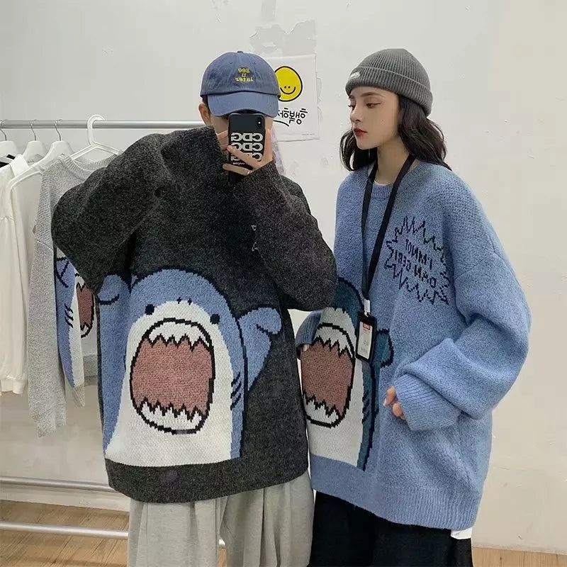 Cute Funny Shark Cartoon Knit Turtleneck Oversized Sweater Pullover Winter Aesthetic Casual Kawaii Korean Japanese Harajuku