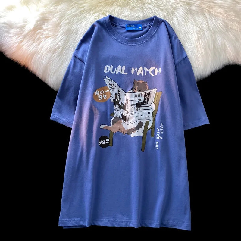 Retro Cat Newspaper Print Short Sleeve T-shirt