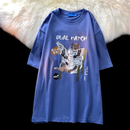 Retro Cat Newspaper Print Short Sleeve T-shirt