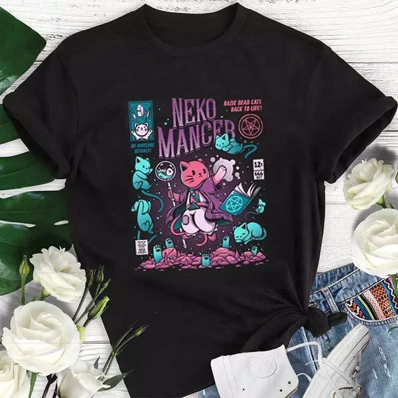 Cute Cat Kitten Neko Cartoon Print Goth Funny Short Sleeve Shirt Tee T-shirt E-Girl Kawaii Korean Japanese Harajuku Chinese Retro Streetwear Aesthetic
