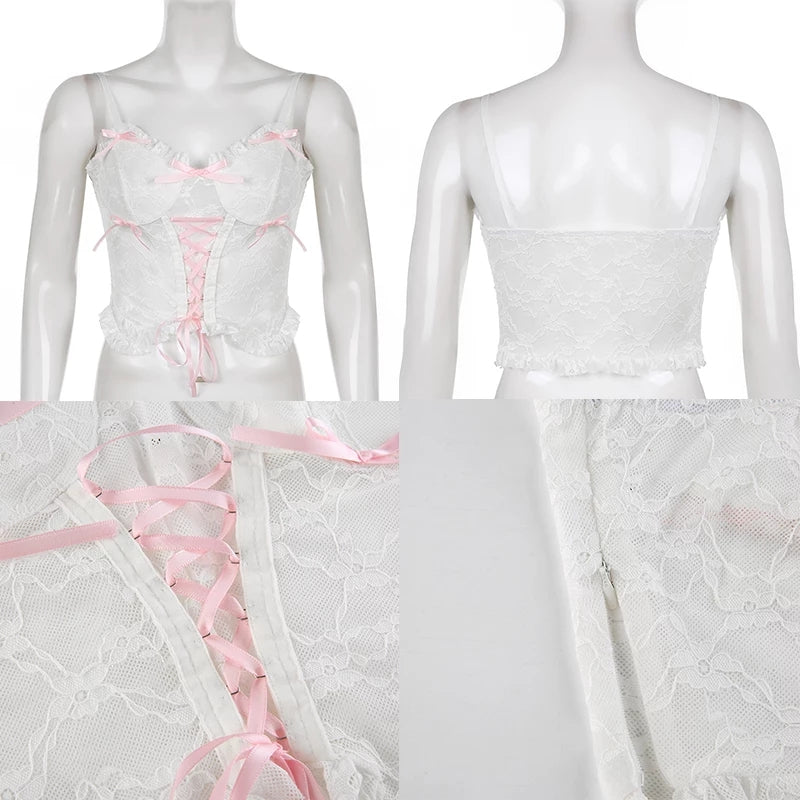 Cute Lace Mesh Patchwork Transparent Corset Camisole Ruffle Crop Top Sleeveless Shirt Summer Aesthetic Casual E-Girl Kawaii Korean Japanese Harajuku