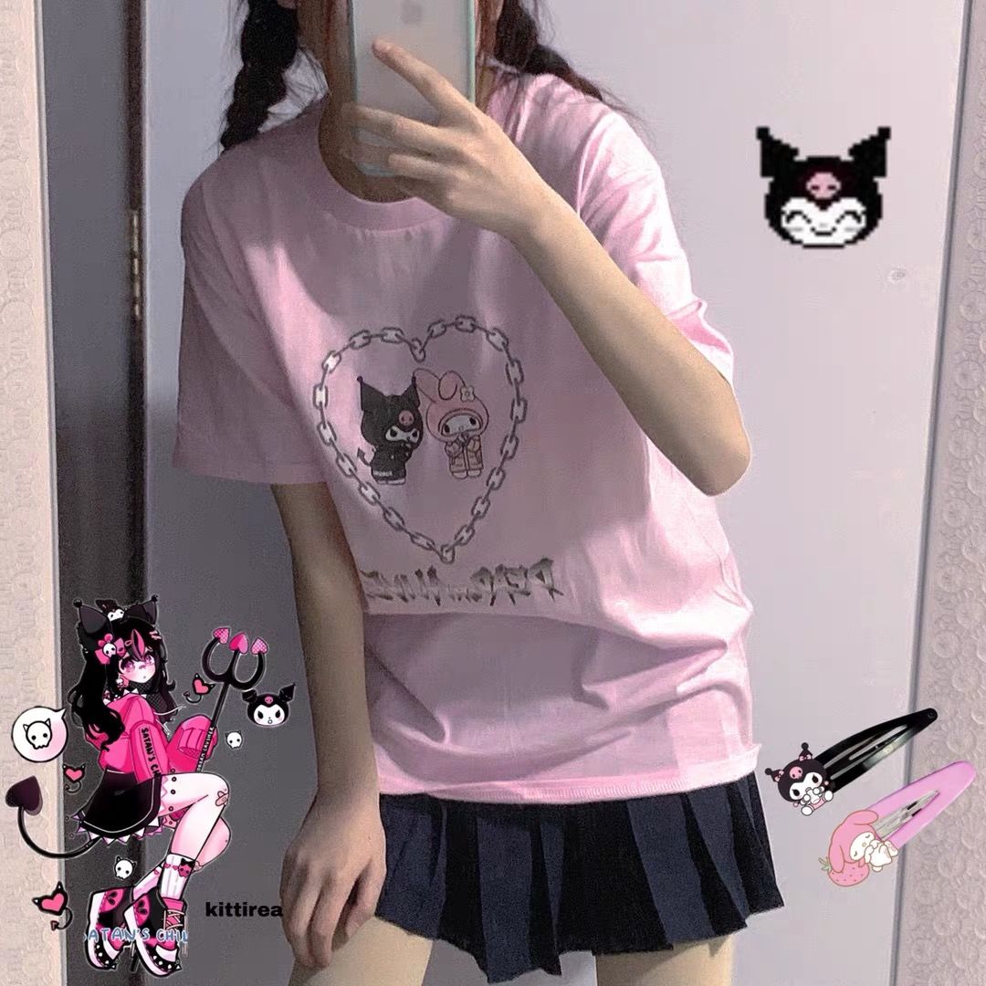 Cute Pastel Pink Anime Cartoon Print Rabbit Letter Short Sleeve Shirt T-shirt Top E-Girl Kawaii Korean Japanese Harajuku Streetwear