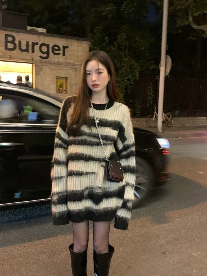Black Stripe Knit Oversized Sweater