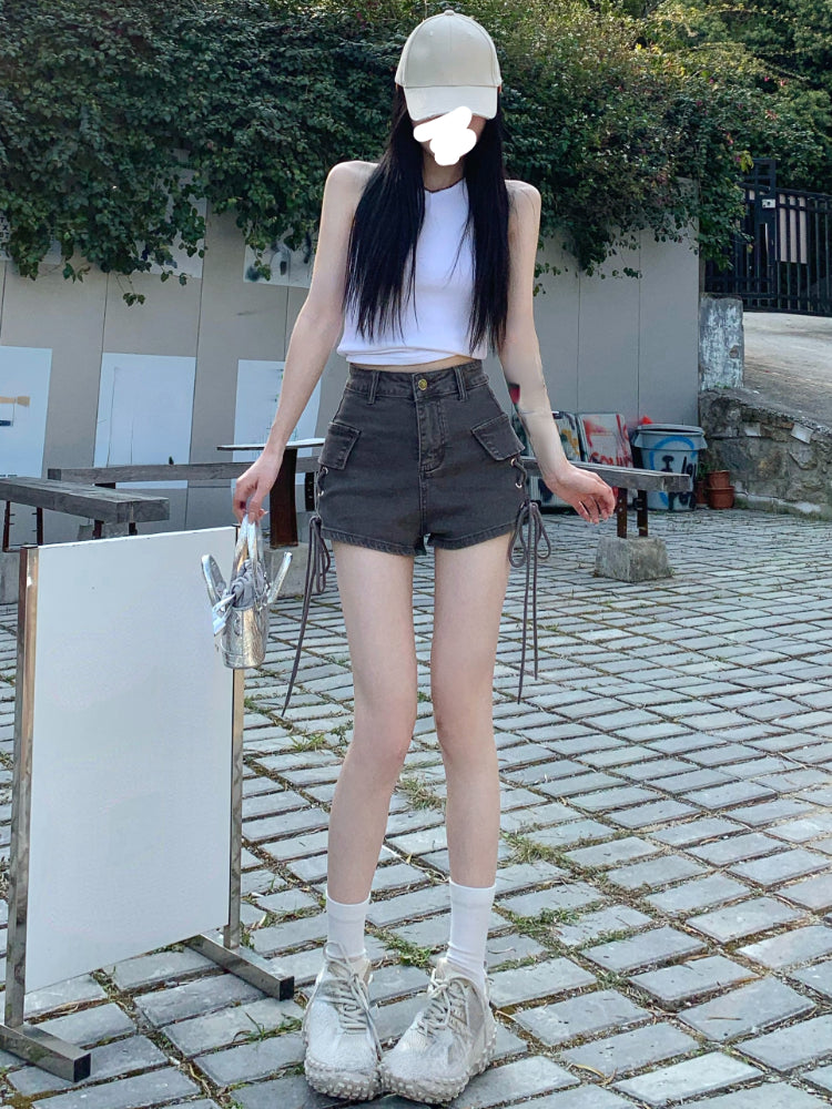 Lace Up High Waist Denim Shorts