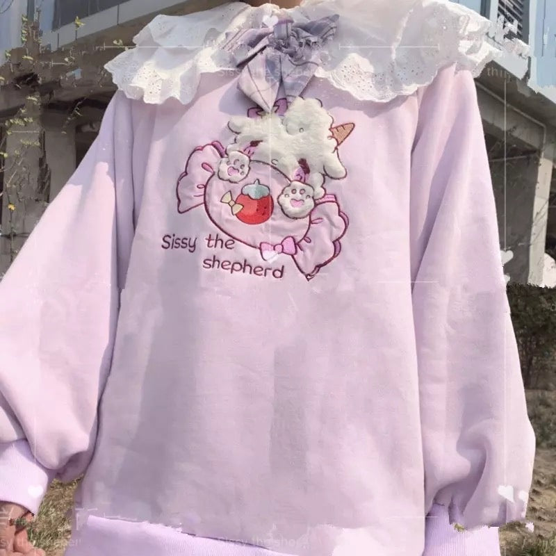 Pink Pastel Lamb Embroidery Lace Sweatshirt Sweater Long Sleeve Shirt Pullover Jumper E-Girl Kawaii Korean Japanese Harajuku Streetwear