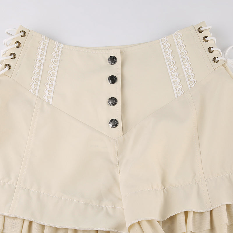 Beige Coquette Patchwork Tie Up High Waist Shorts