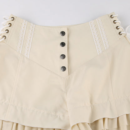 Beige Coquette Patchwork Tie Up High Waist Shorts