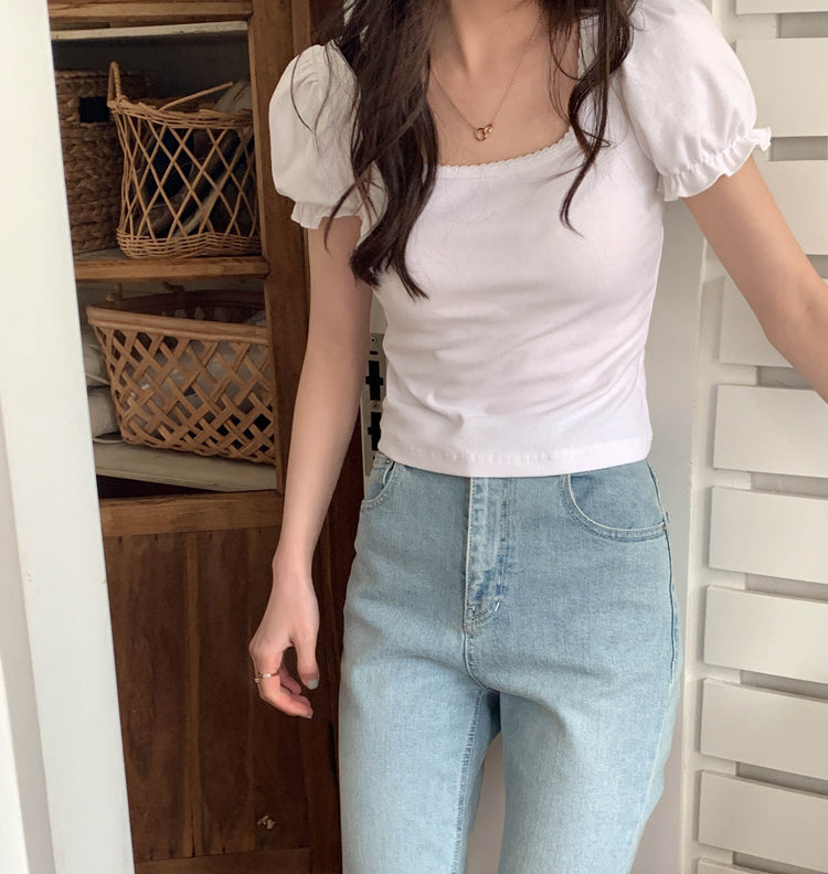 White Puff Sleeve Square Collar Top