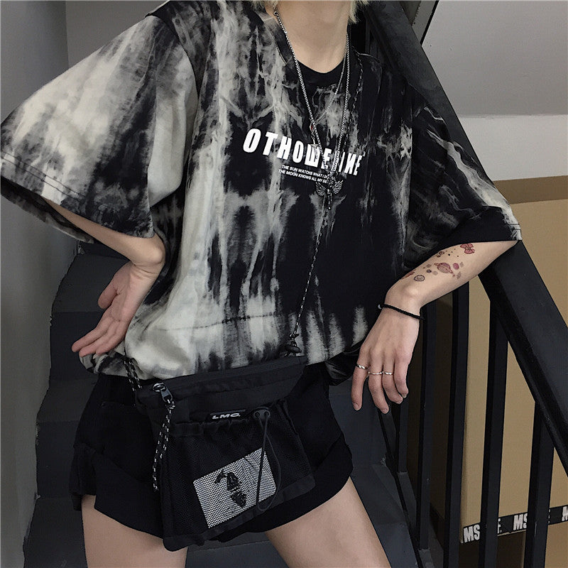 Cute Smoke Ash Print Loose Oversized Crop Top Short Sleeve Shirt Tee T-shirt E-Girl Kawaii Korean Japanese Harajuku Chinese Retro Streetwear Punk Goth