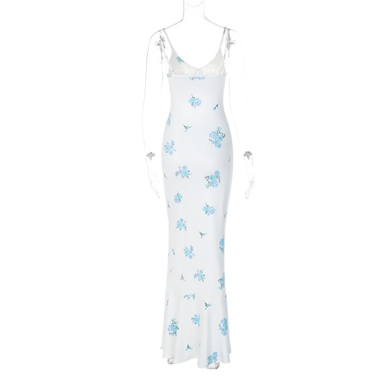 Blue & White Floral Print Spaghetti Strap Maxi Dress