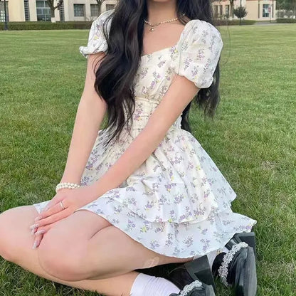 Floral Print Square Neck Puff Sleeve Dress