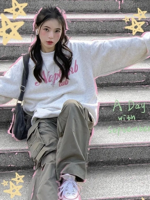 Grey Letter Print Oversized Pullover