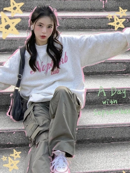 Grey Letter Print Oversized Pullover