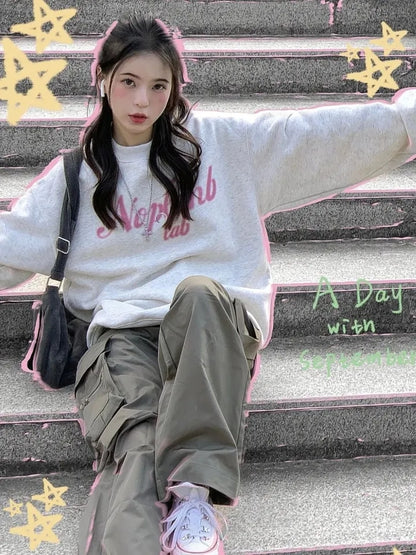 Grey Letter Print Oversized Pullover